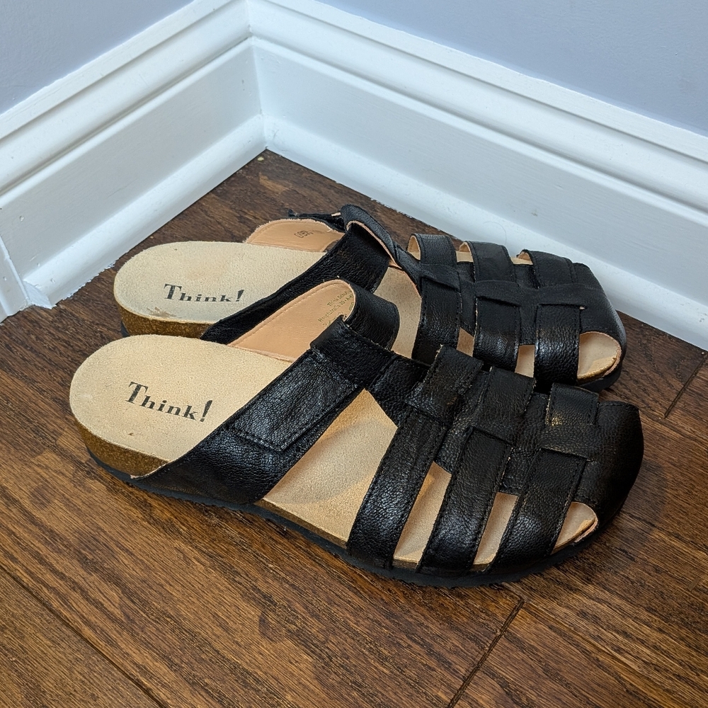 Think! Women's Black Leather Julia Fisherman Slip On Sandals 40/9